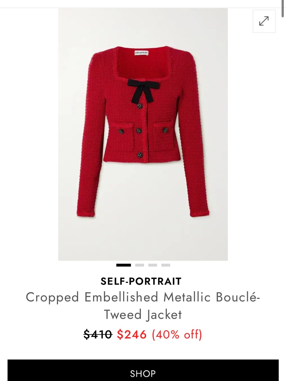 Self-Portrait Red Bouclé Cropped Jacket with Black Bow Detail
